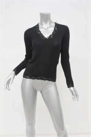 D&G Dolce & Gabbana Sweater Black Lace-Trim Wool Size Medium V-Neck Pullover