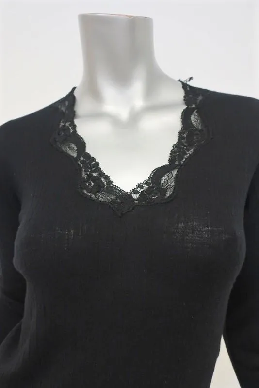 D&G Dolce & Gabbana Sweater Black Lace-Trim Wool Size Medium V-Neck Pullover