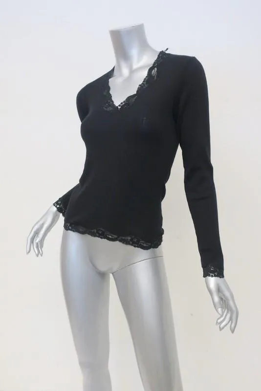D&G Dolce & Gabbana Sweater Black Lace-Trim Wool Size Medium V-Neck Pullover