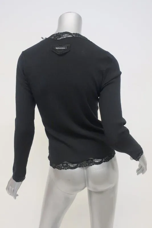 D&G Dolce & Gabbana Sweater Black Lace-Trim Wool Size Medium V-Neck Pullover