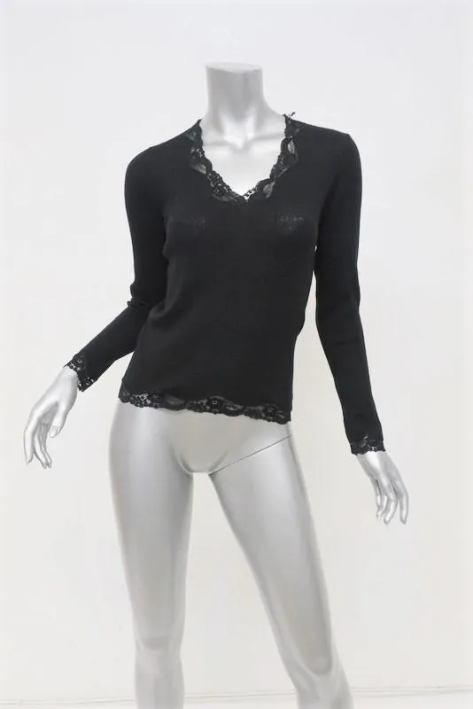 D&G Dolce & Gabbana Sweater Black Lace-Trim Wool Size Medium V-Neck Pullover
