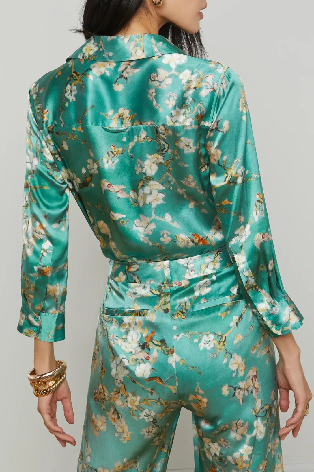 Dani Silk Blouse | Teal Multi Watercolor Cherry Blossom