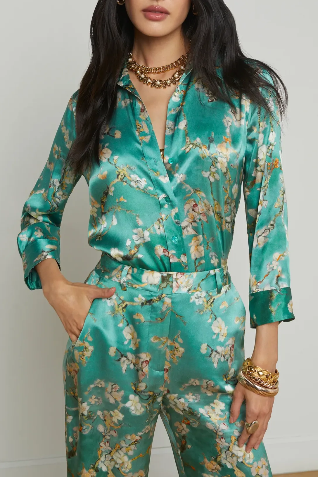 Dani Silk Blouse | Teal Multi Watercolor Cherry Blossom