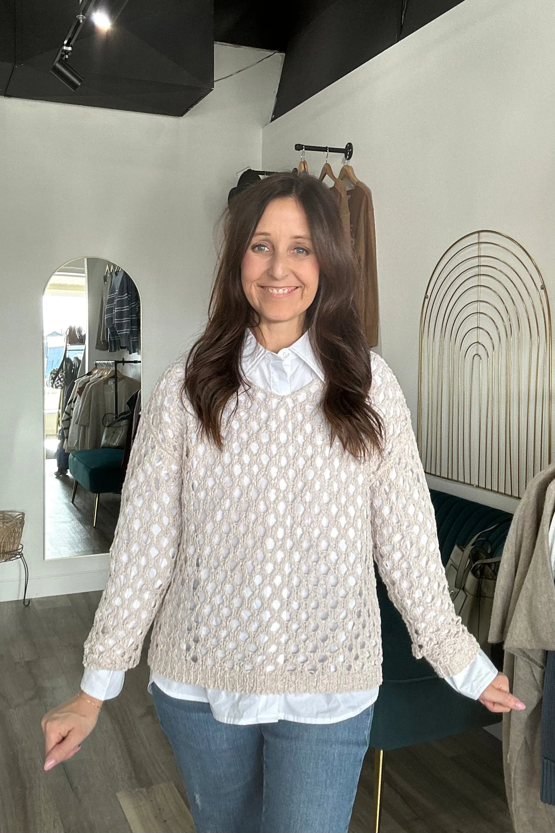 Deann Fishnet V-Neck Sweater