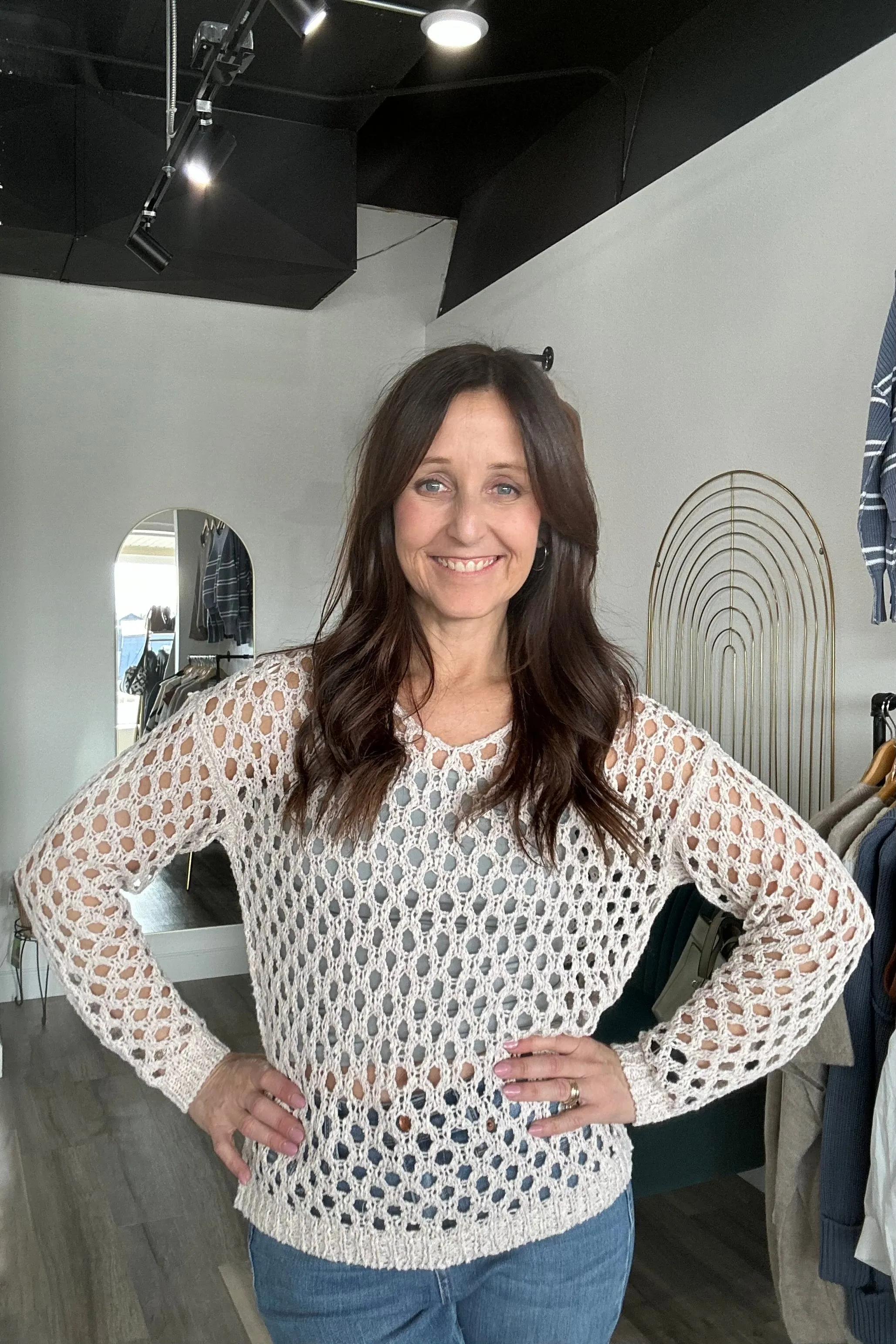 Deann Fishnet V-Neck Sweater