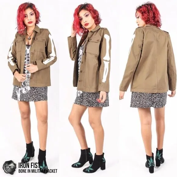 DOLLS KILL IRON FIST BONE IN MILITARY CHORE JACKET OLIVE GREEN WOMEN’S SIZE XS