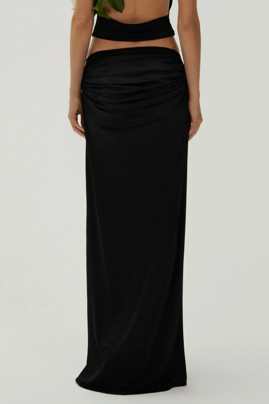 Draped Low Waist Midi Skirt | Black