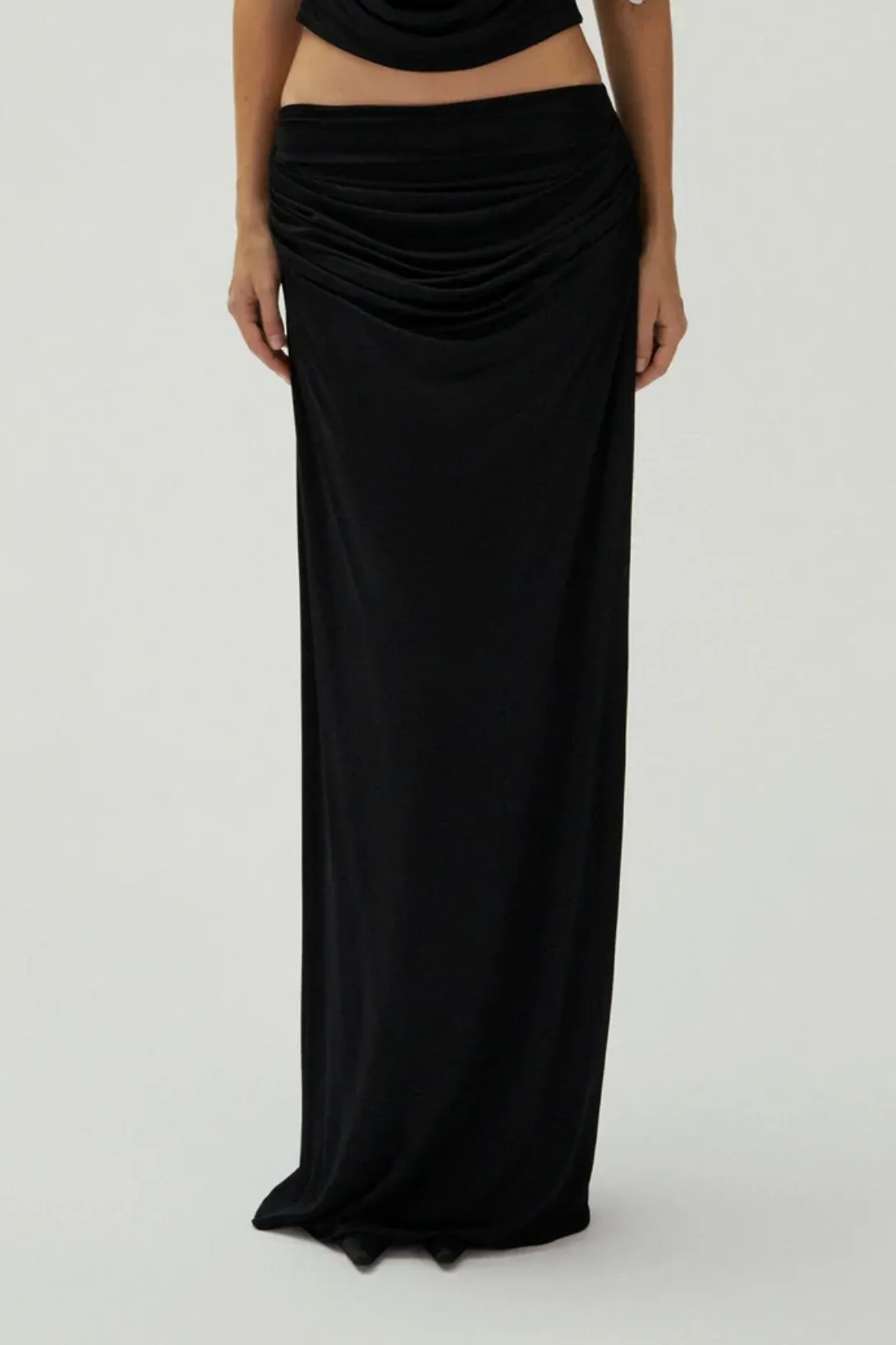 Draped Low Waist Midi Skirt | Black
