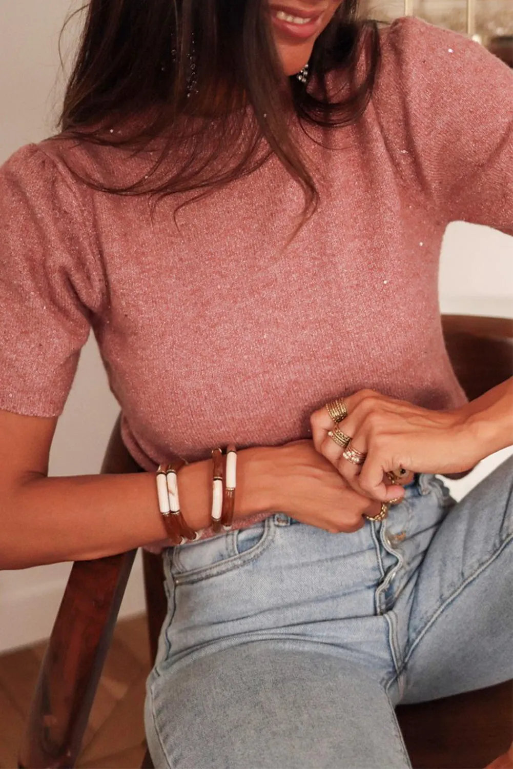 Dusty Pink Shimmering Crew Neck Short Puff Sleeve Sweater