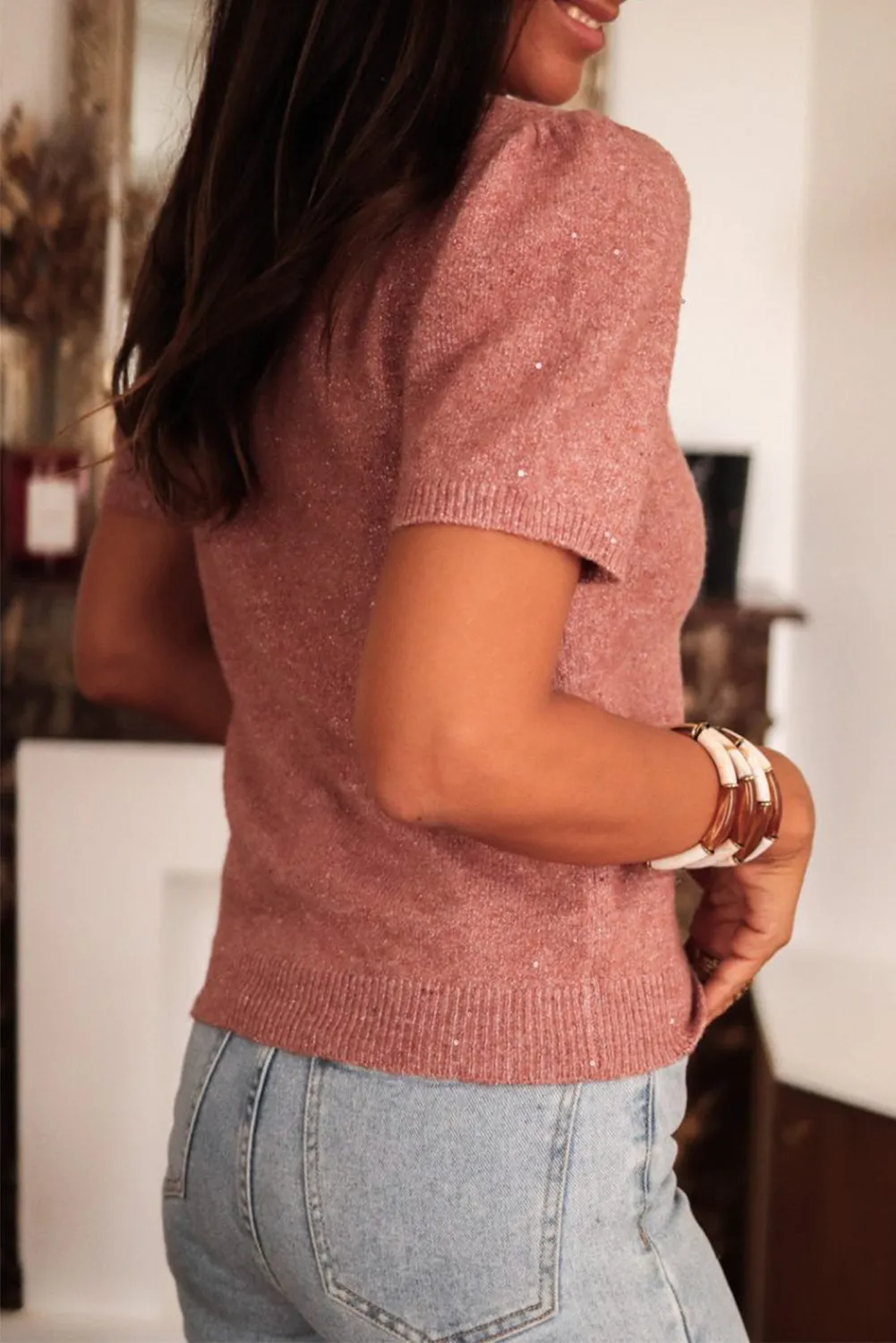 Dusty Pink Shimmering Crew Neck Short Puff Sleeve Sweater