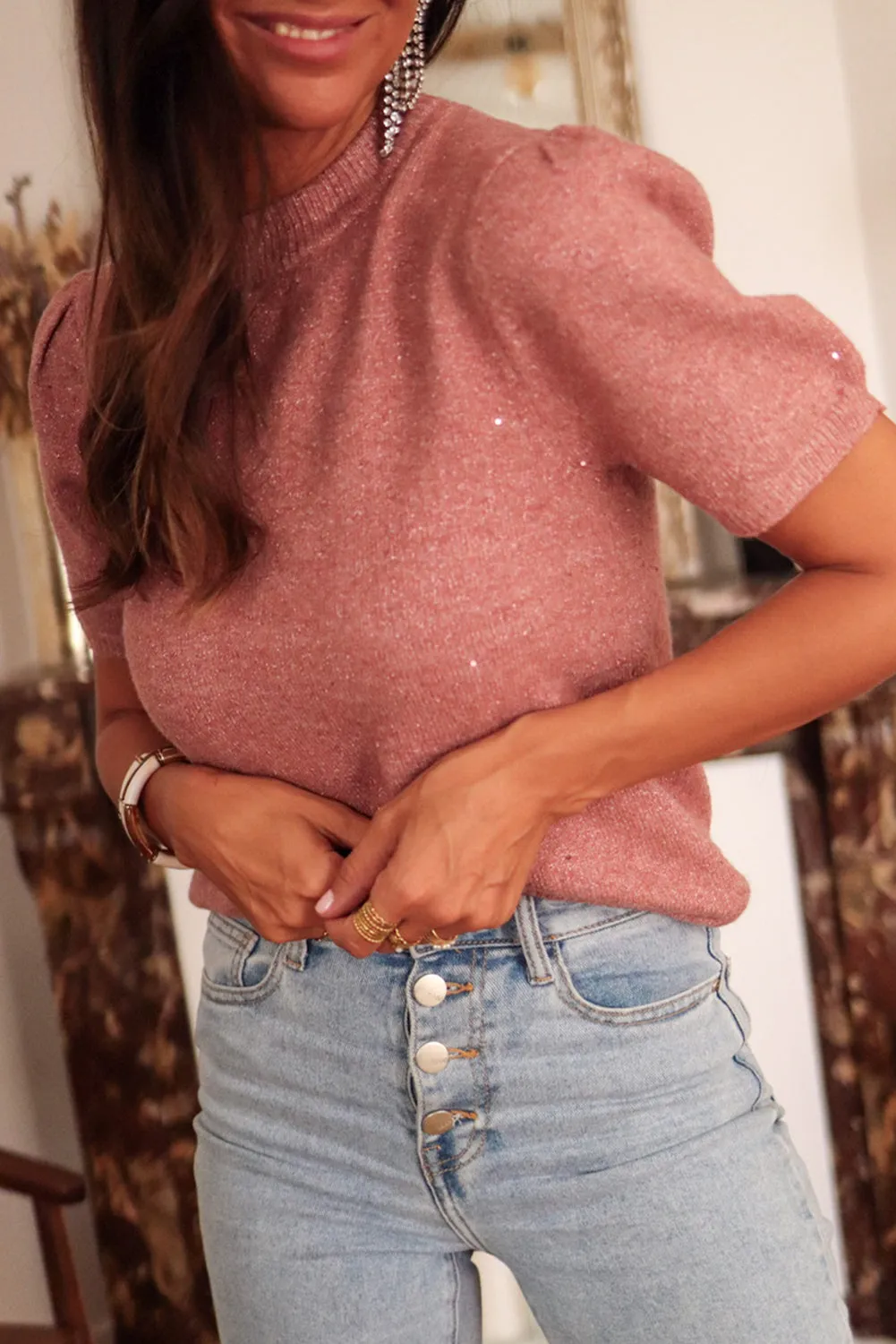 Dusty Pink Shimmering Crew Neck Short Puff Sleeve Sweater