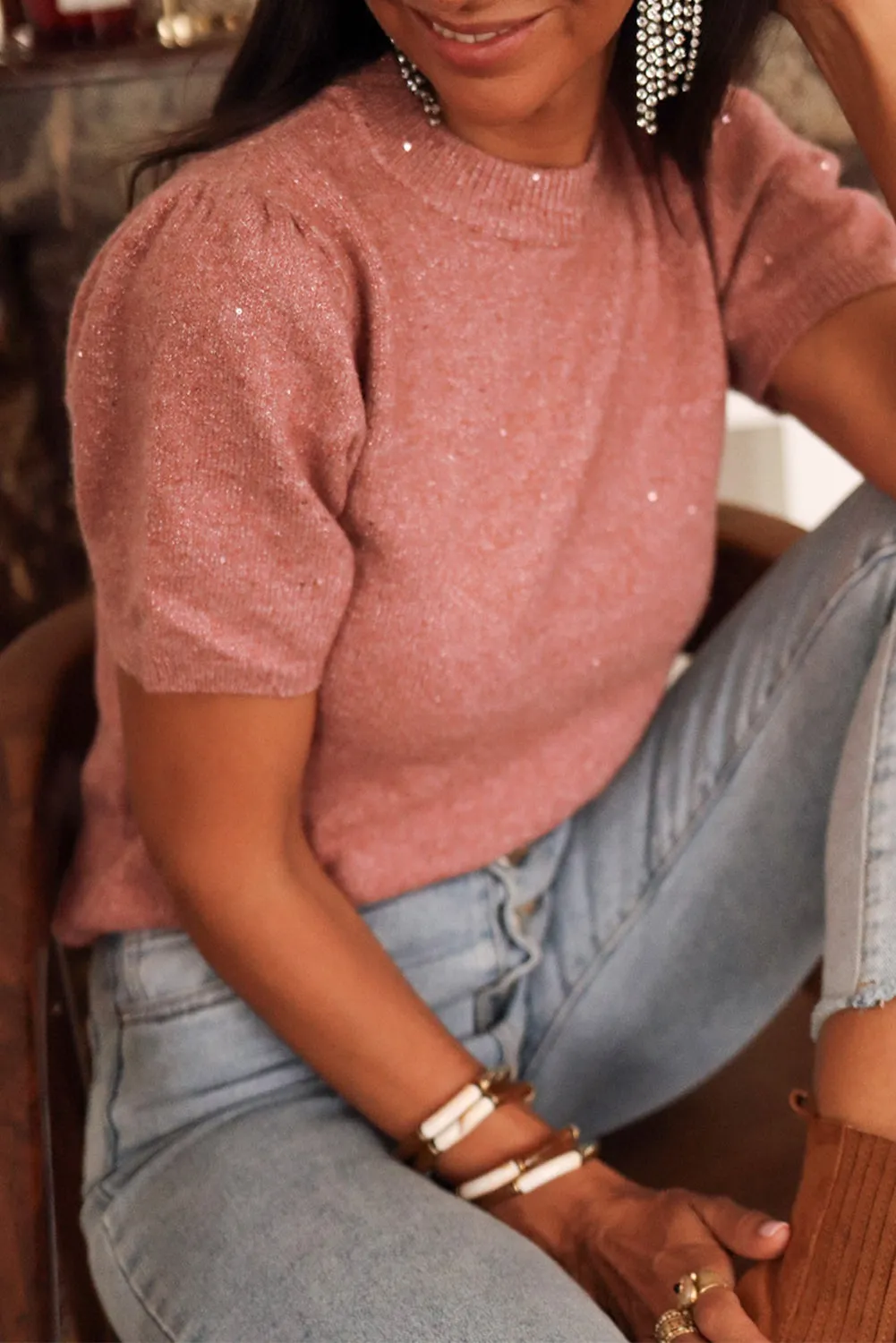 Dusty Pink Shimmering Crew Neck Short Puff Sleeve Sweater