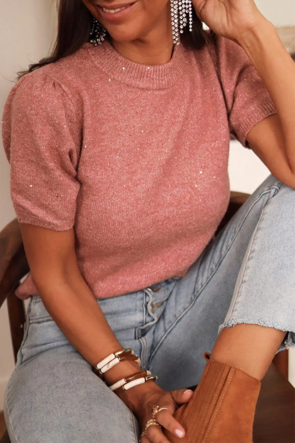 Dusty Pink Shimmering Crew Neck Short Puff Sleeve Sweater