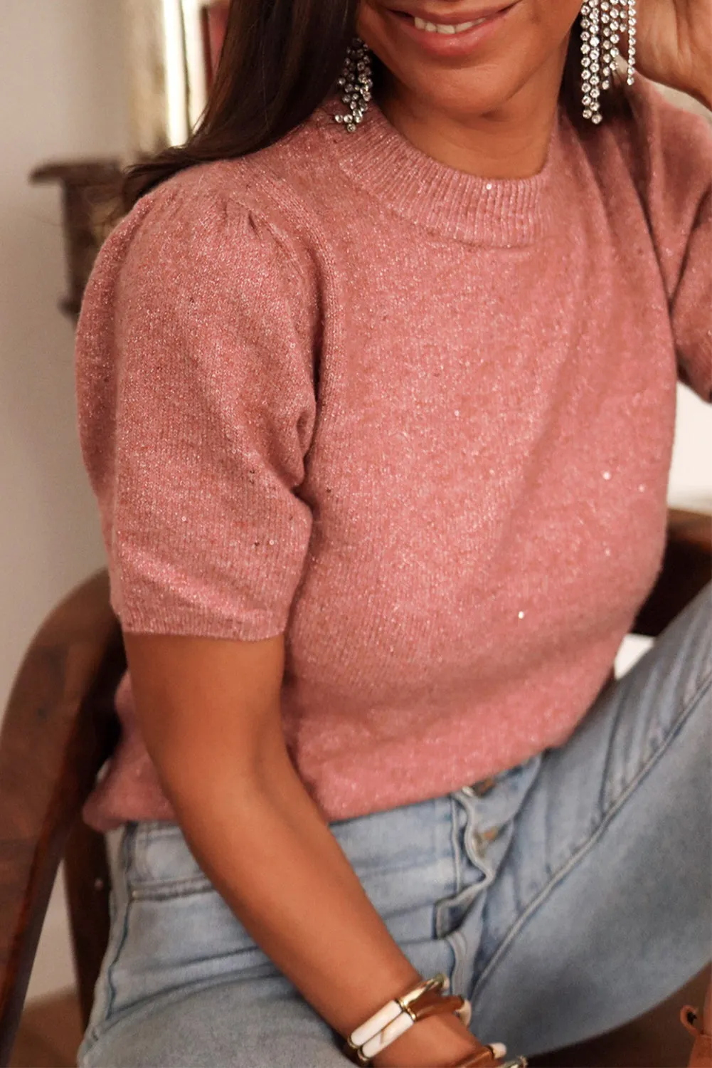 Dusty Pink Shimmering Crew Neck Short Puff Sleeve Sweater