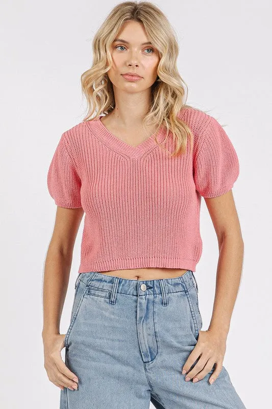 Dusty Pink V-Neck Short Sleeve Crop Sweater