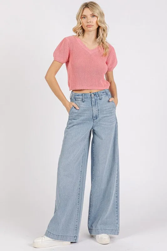 Dusty Pink V-Neck Short Sleeve Crop Sweater