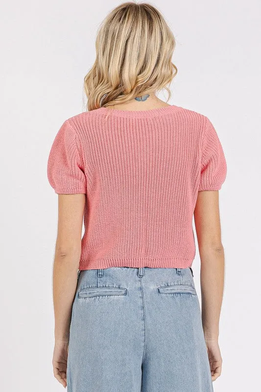 Dusty Pink V-Neck Short Sleeve Crop Sweater
