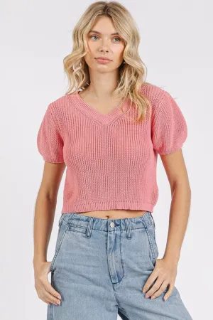 Dusty Pink V-Neck Short Sleeve Crop Sweater