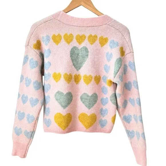 English Factory Pink Pastel Heart V-Neck Knit Button Front Cardigan. Small.