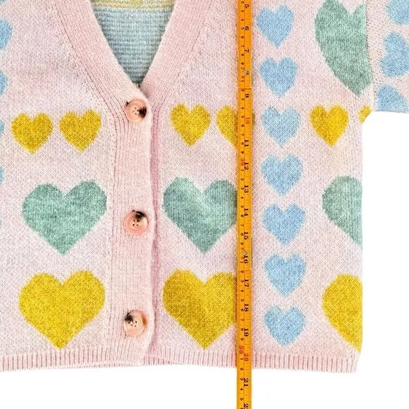 English Factory Pink Pastel Heart V-Neck Knit Button Front Cardigan. Small.