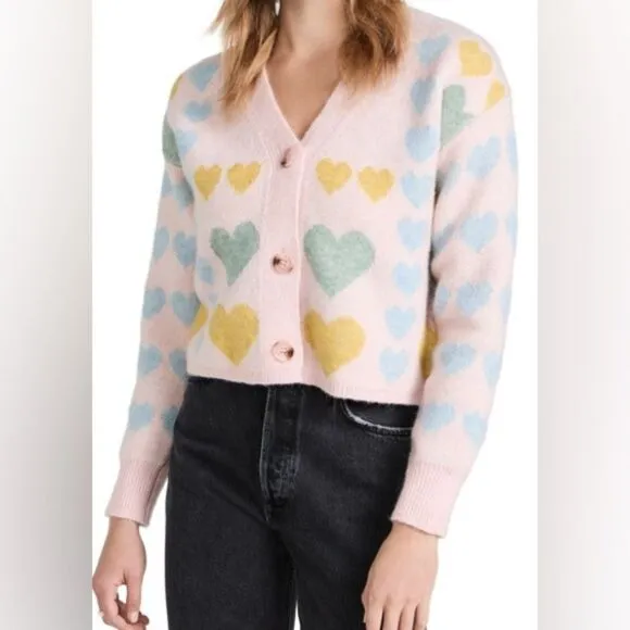 English Factory Pink Pastel Heart V-Neck Knit Button Front Cardigan. Small.