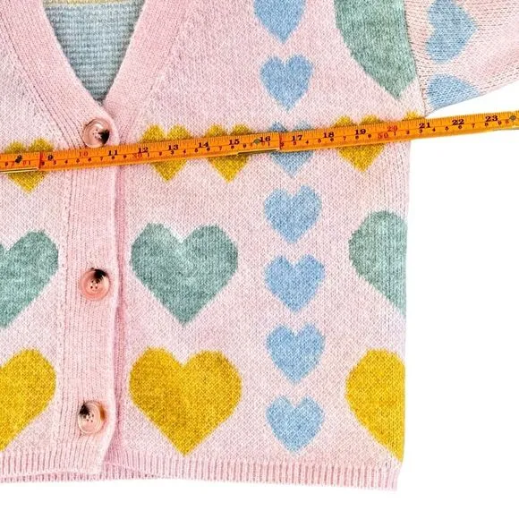 English Factory Pink Pastel Heart V-Neck Knit Button Front Cardigan. Small.