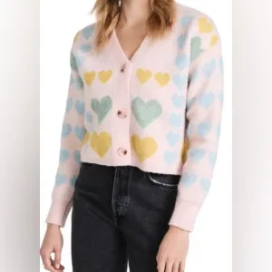 English Factory Pink Pastel Heart V-Neck Knit Button Front Cardigan. Small.