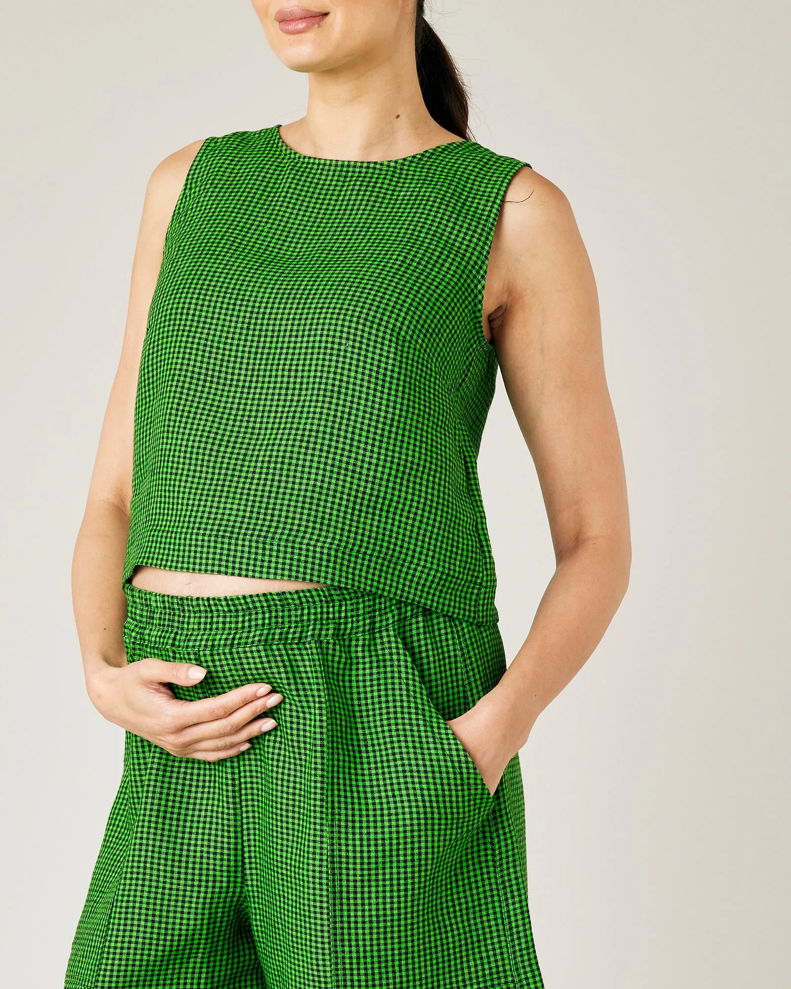 Esme Green & Black Micro Check Linen Top