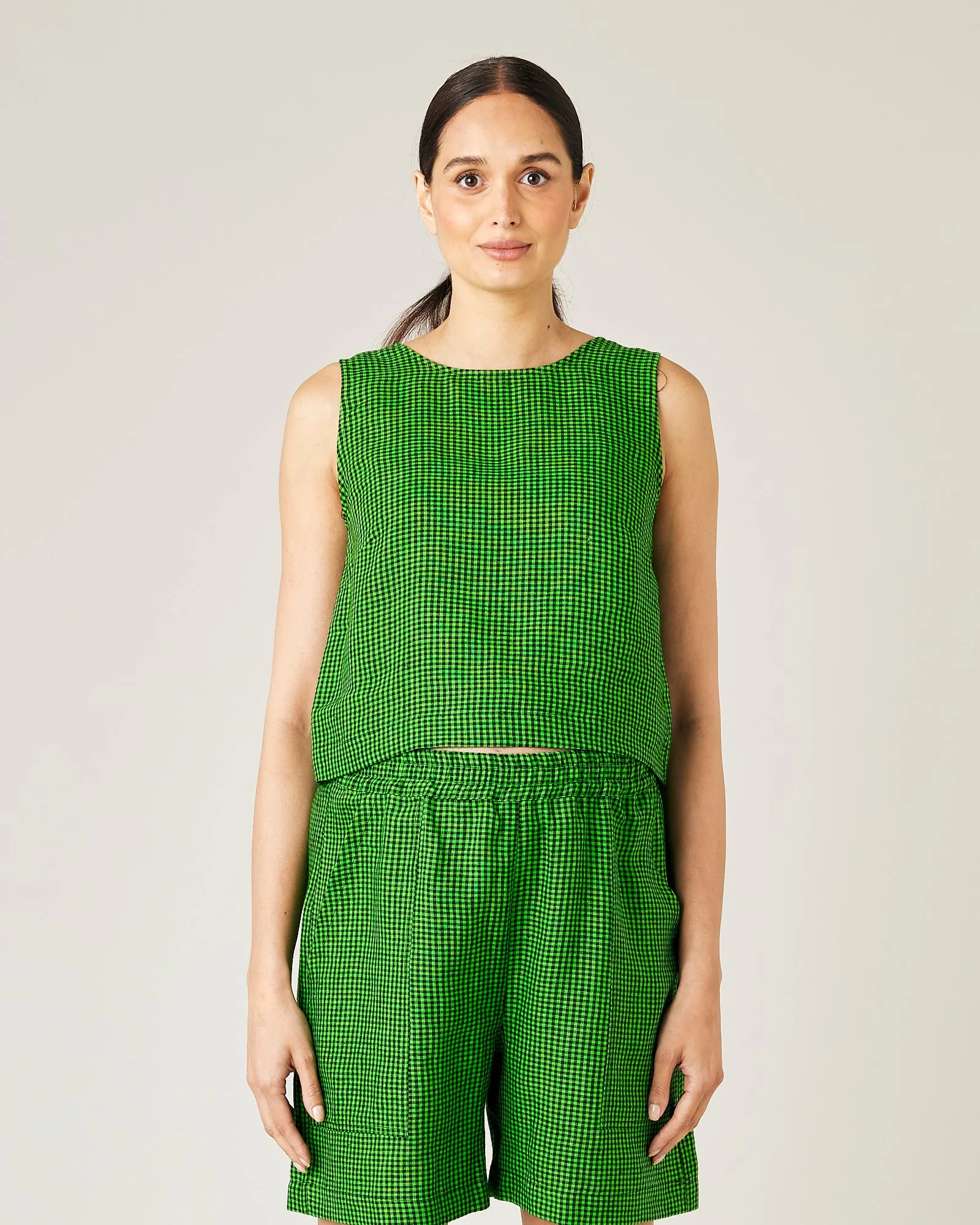 Esme Green & Black Micro Check Linen Top