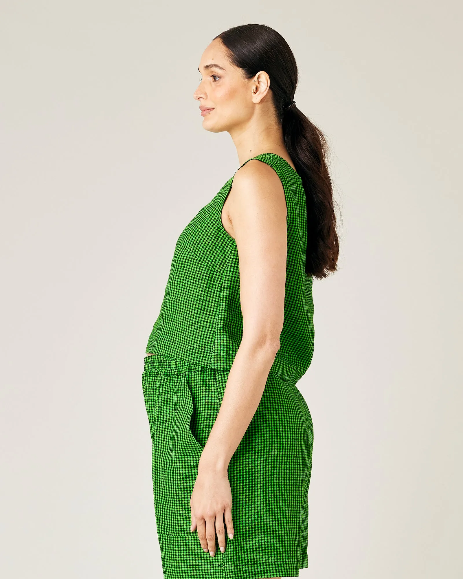 Esme Green & Black Micro Check Linen Top