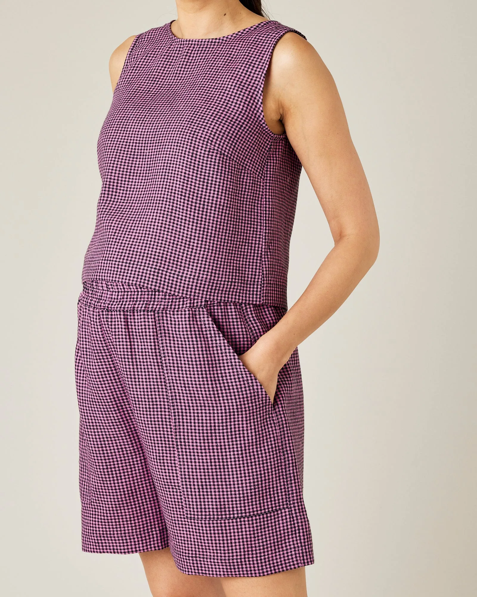 Esme Pink & Black Micro Check Linen Top