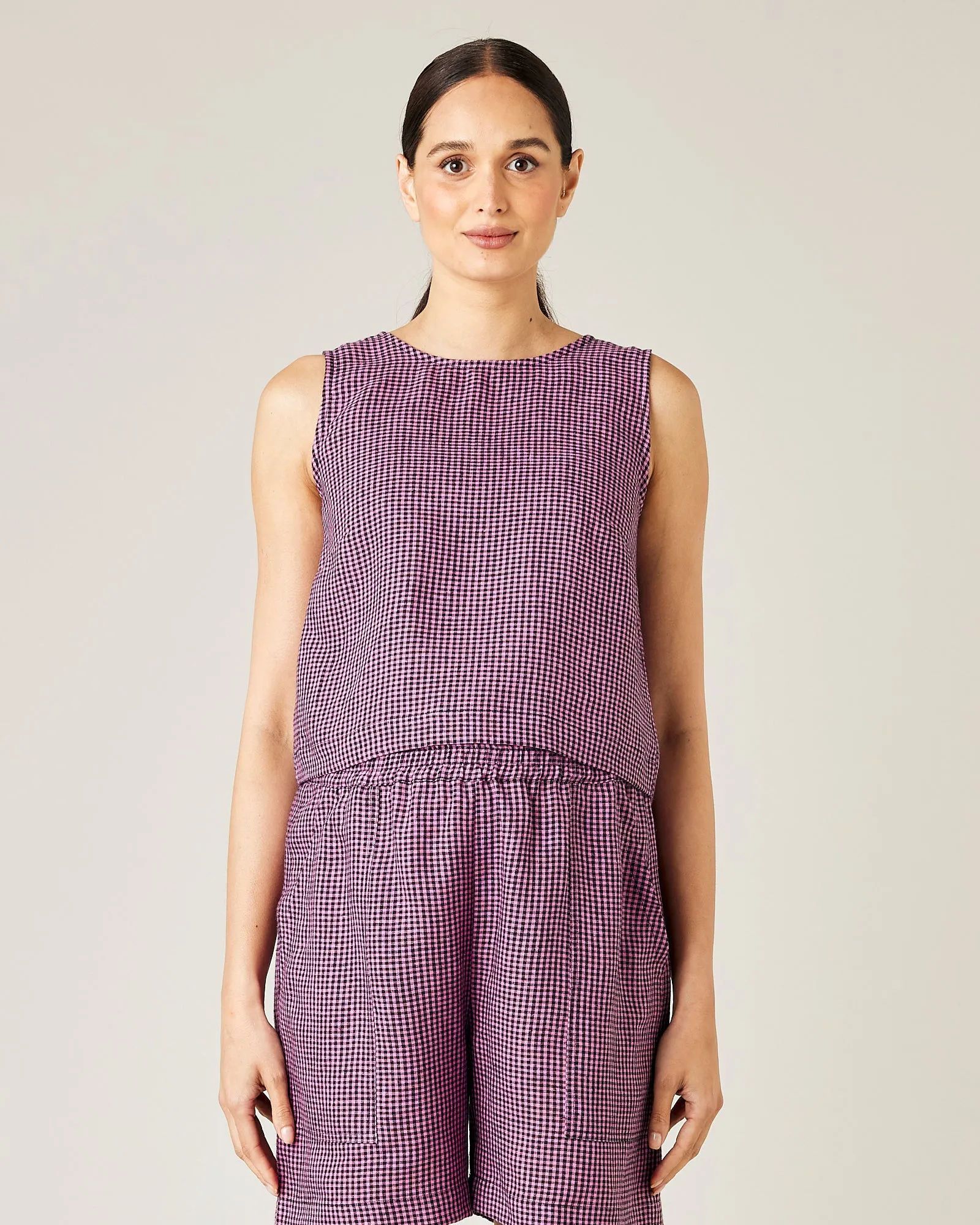 Esme Pink & Black Micro Check Linen Top