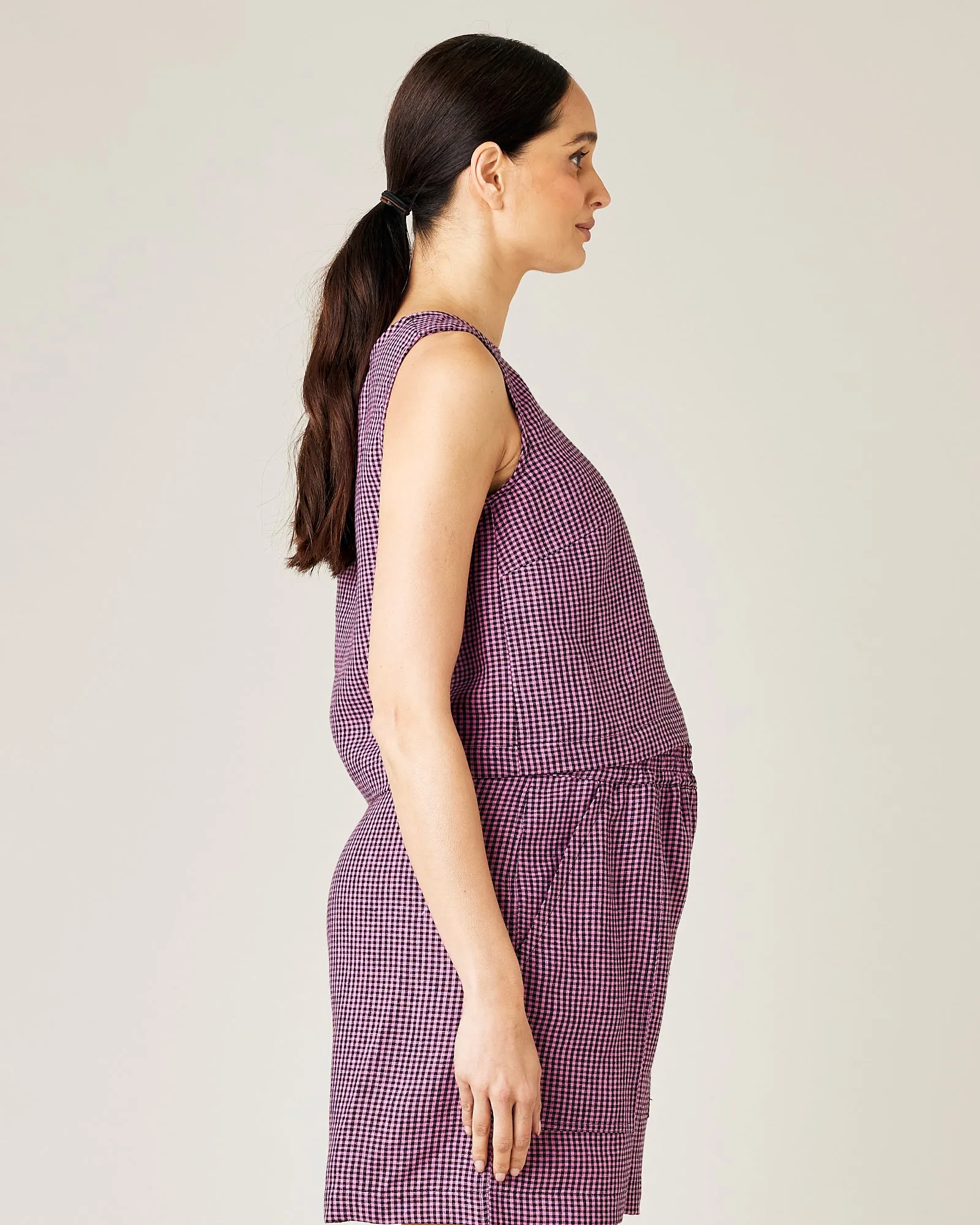Esme Pink & Black Micro Check Linen Top