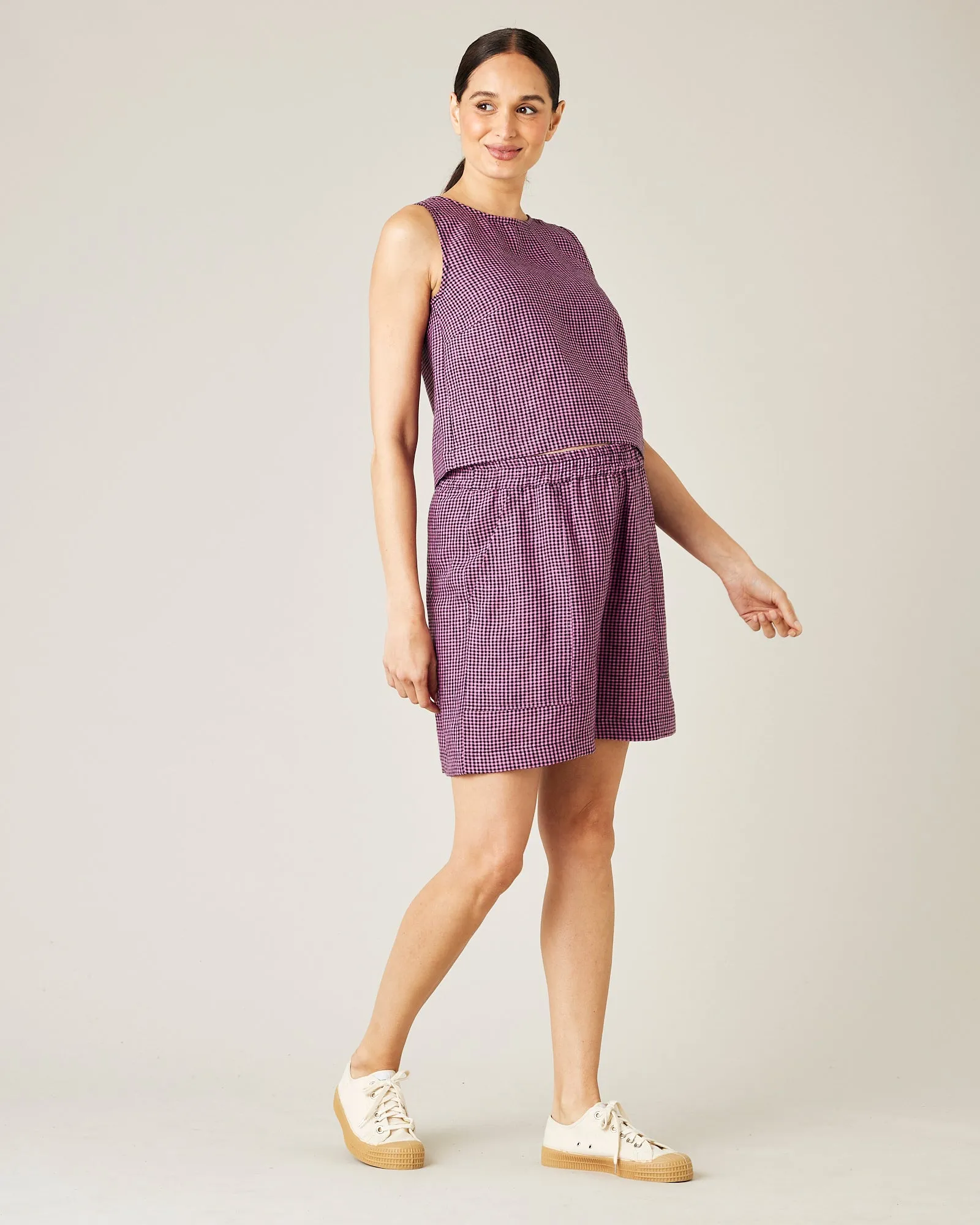 Esme Pink & Black Micro Check Linen Top