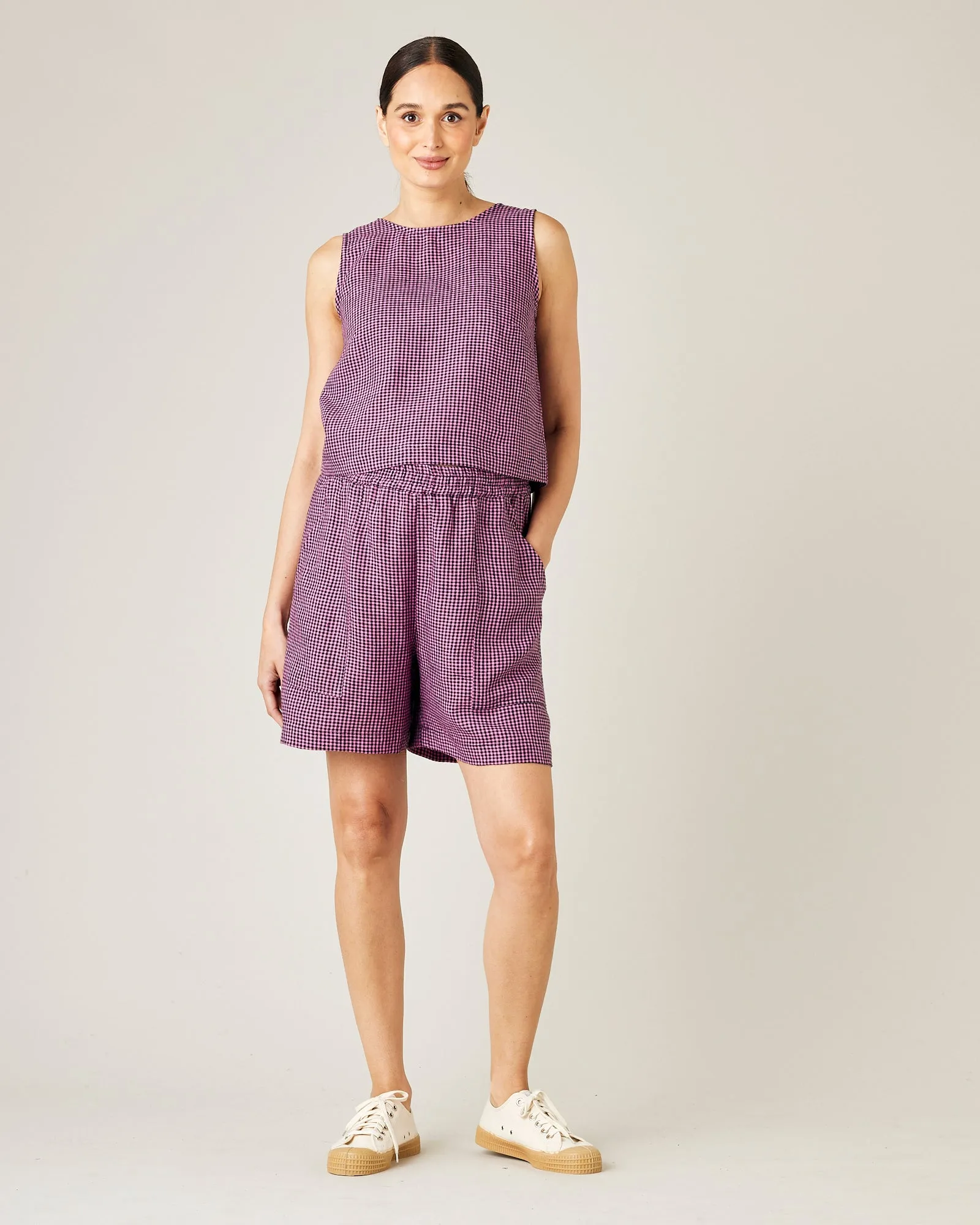 Esme Pink & Black Micro Check Linen Top