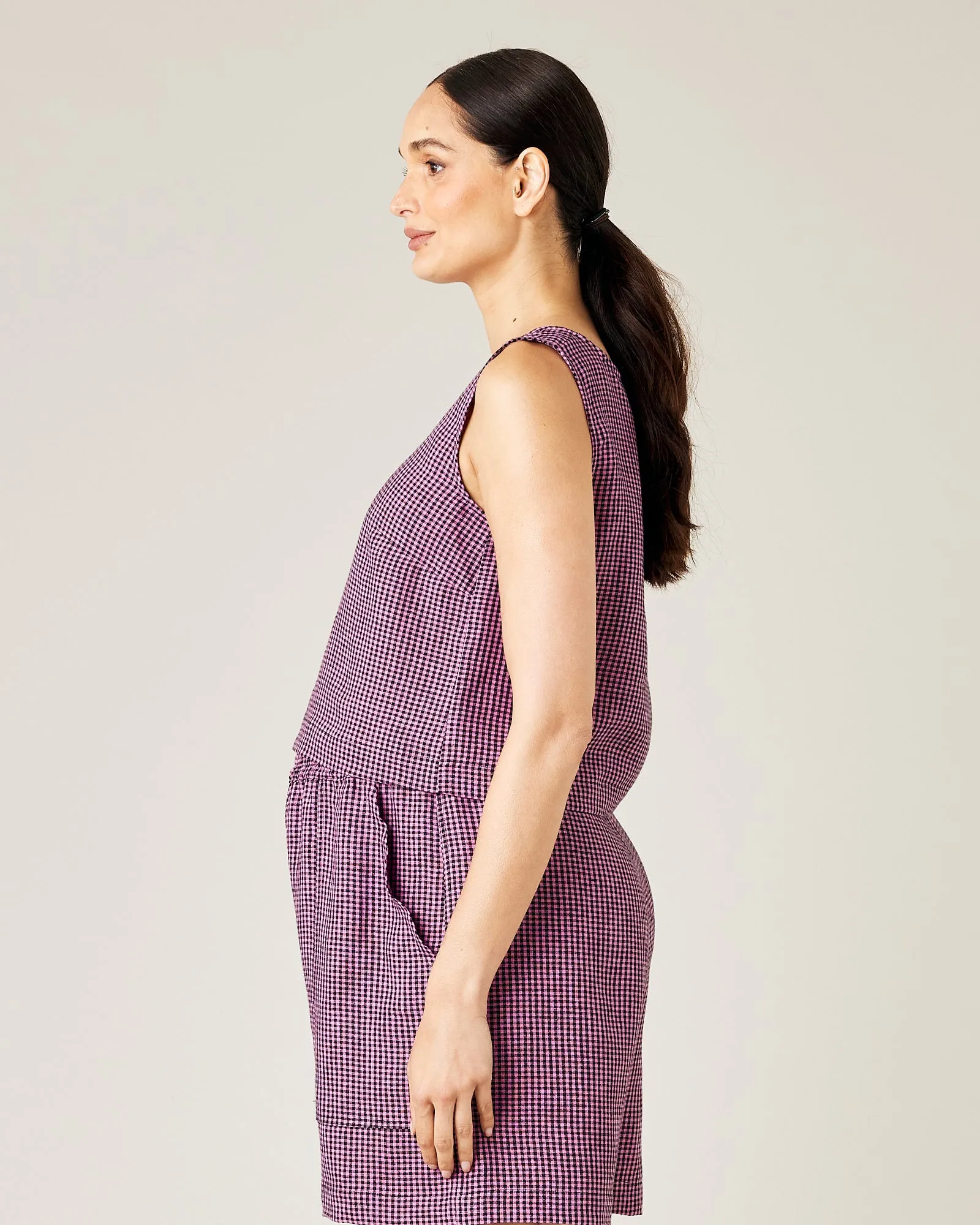 Esme Pink & Black Micro Check Linen Top