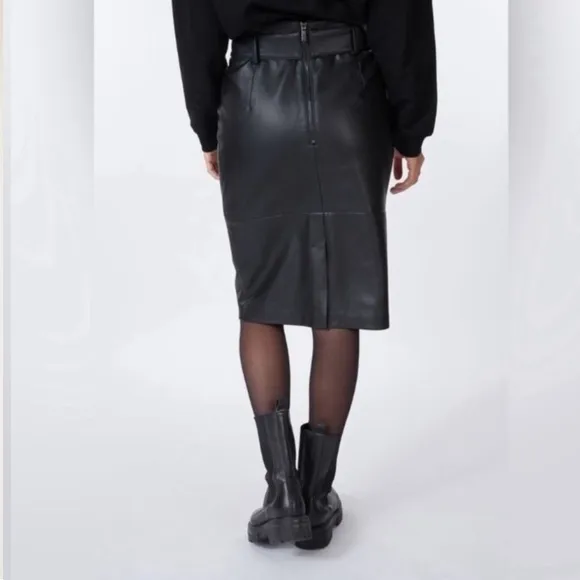 Esqualo Belted Straight Skirt Faux Leather Black Size 12 New Lined