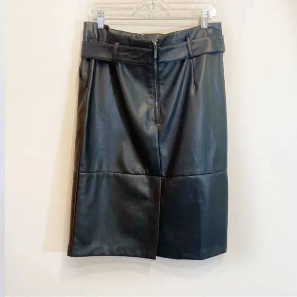 Esqualo Belted Straight Skirt Faux Leather Black Size 12 New Lined