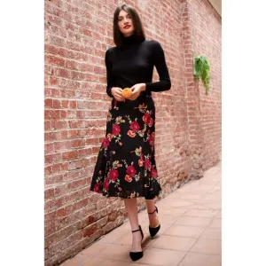 Eva Franco Floral Embroidered black  Skirt with red roses tulip shape NWT midi