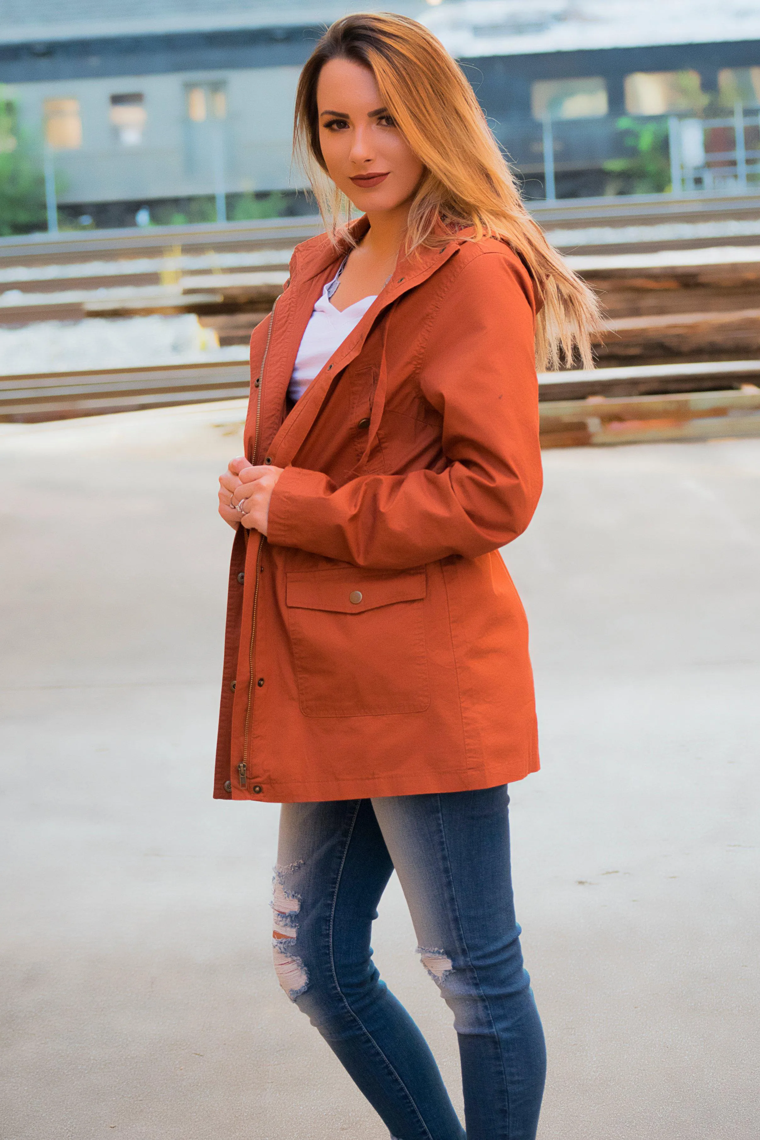 Flannel Lined Hood Utility Jacket - Rust