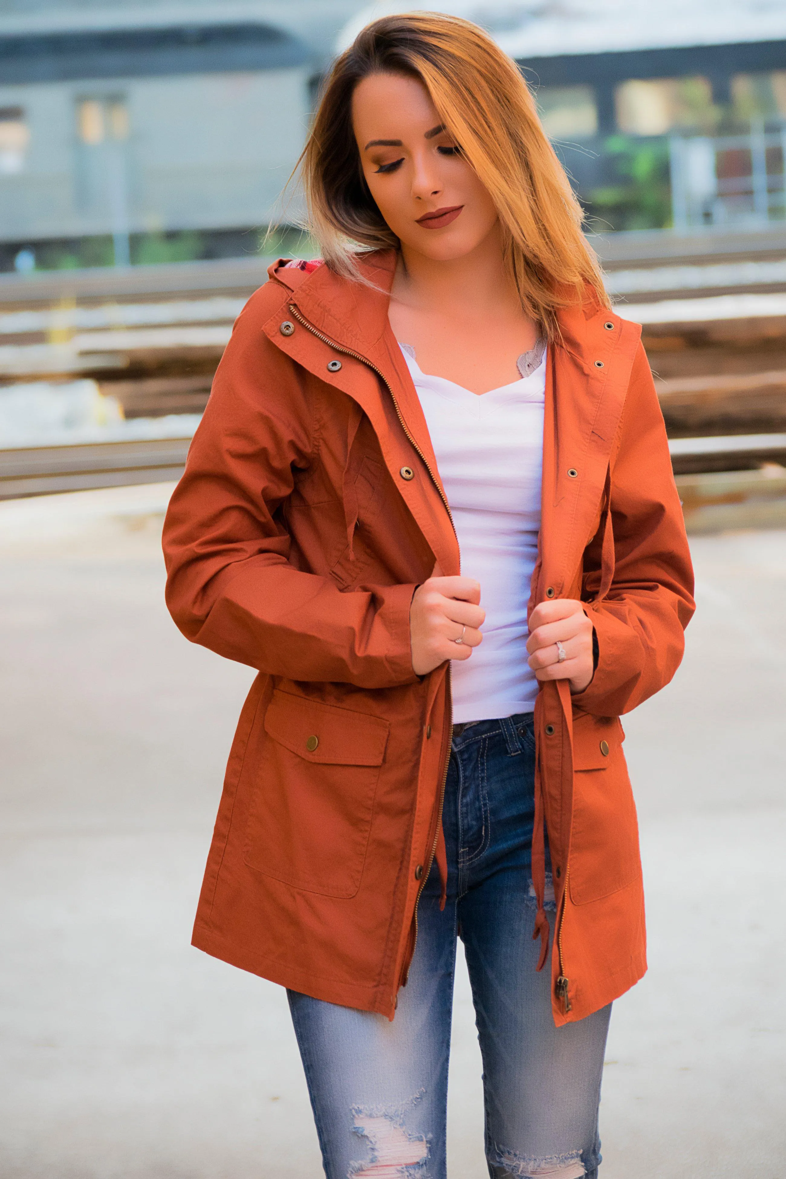 Flannel Lined Hood Utility Jacket - Rust