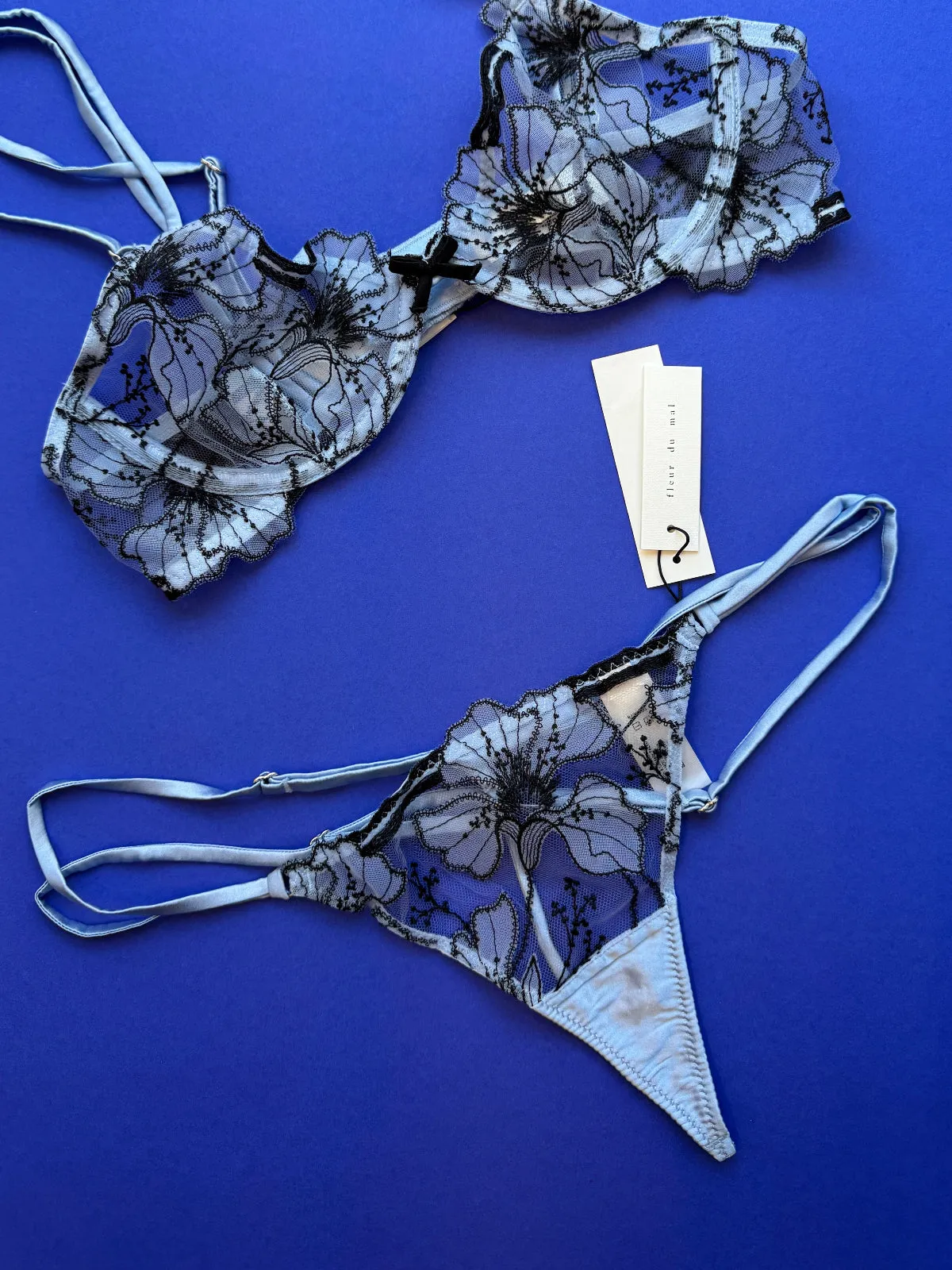 Fleur du Mal: Harper Embroidery G-String - Crystal Blue