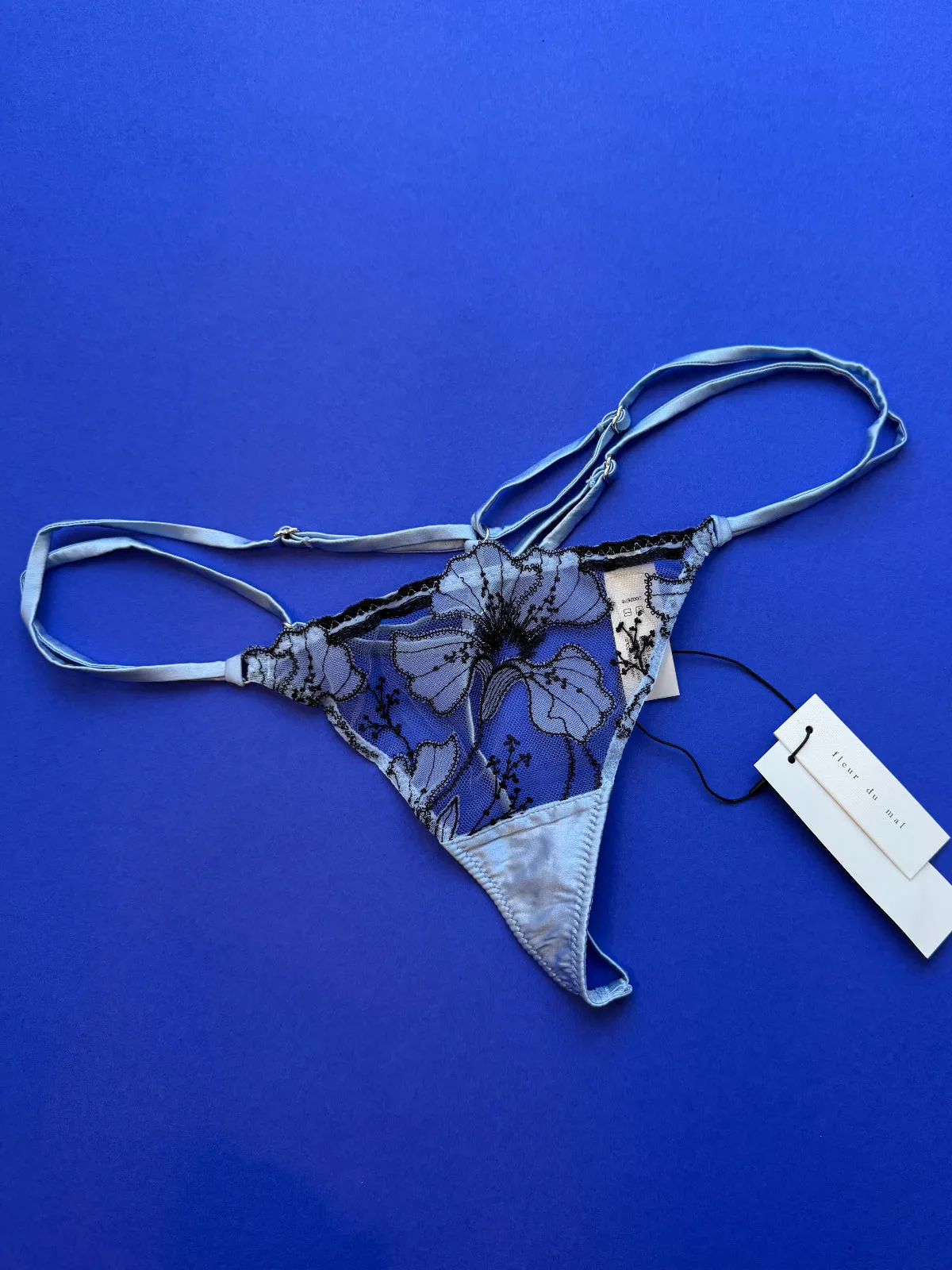 Fleur du Mal: Harper Embroidery G-String - Crystal Blue