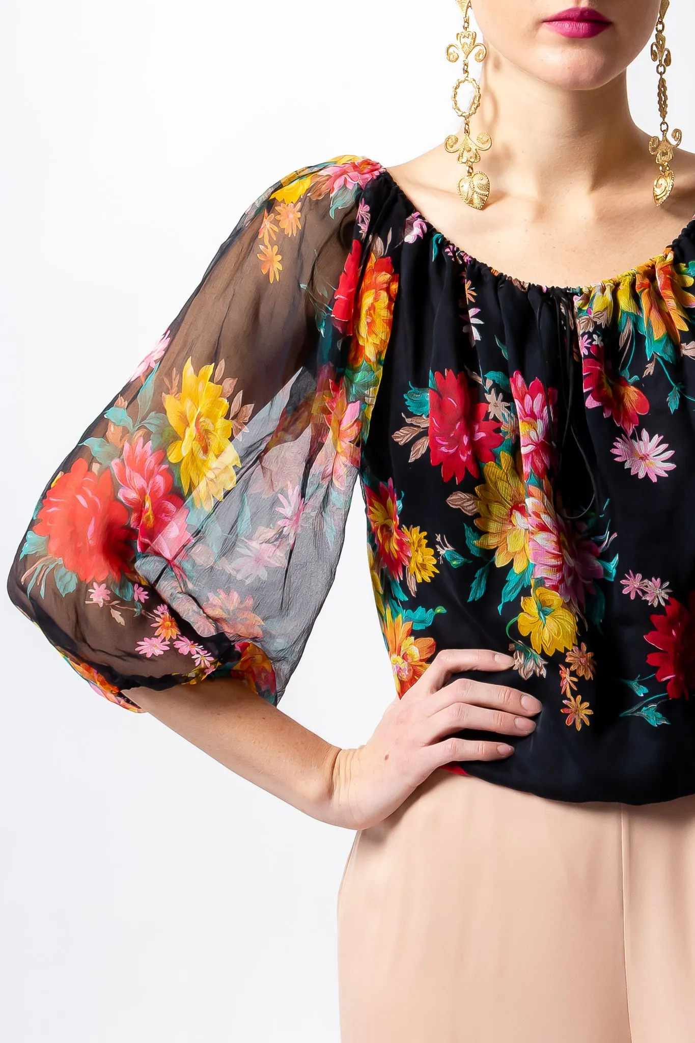 Floral Silk Peasant Top