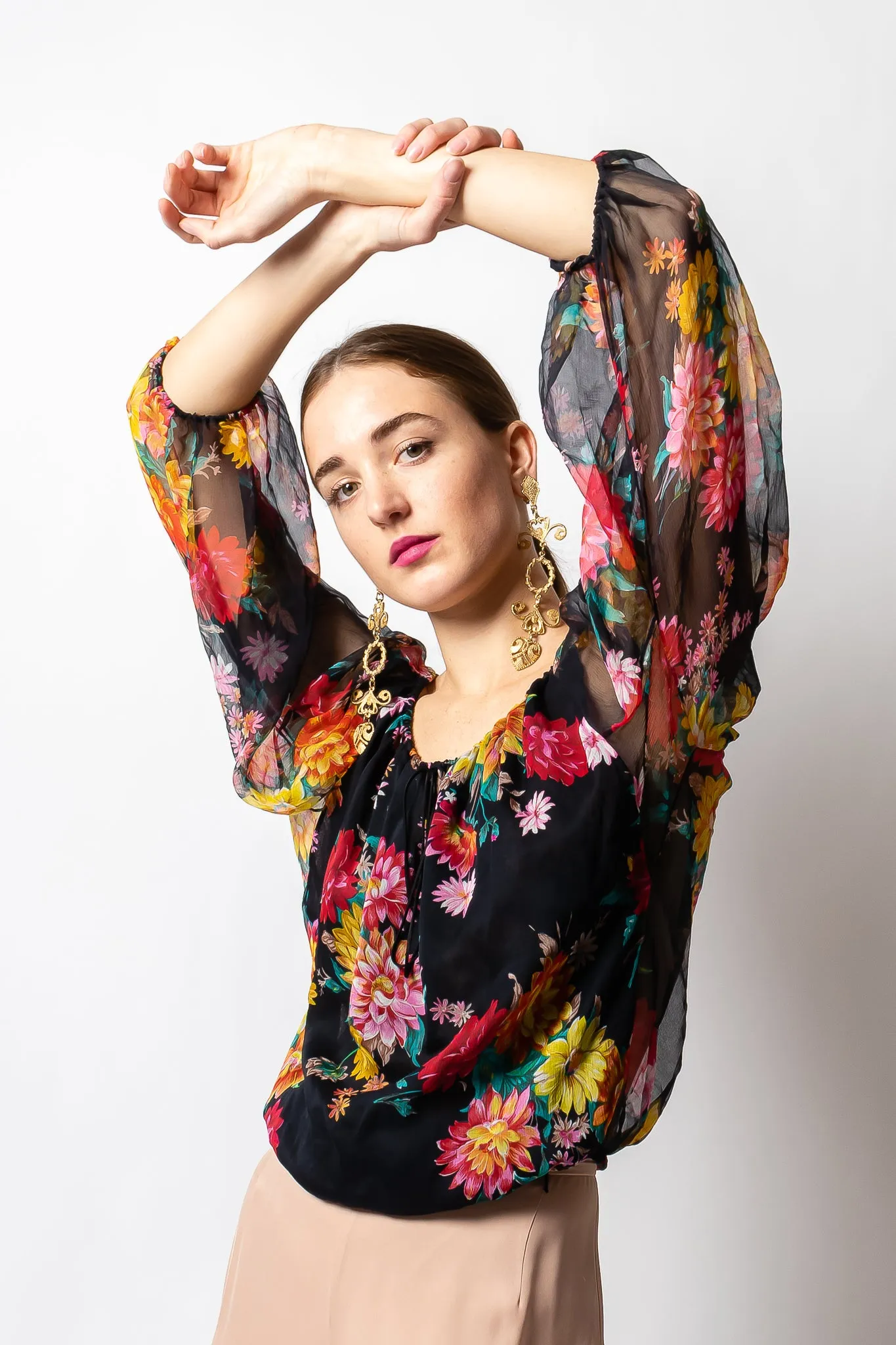 Floral Silk Peasant Top