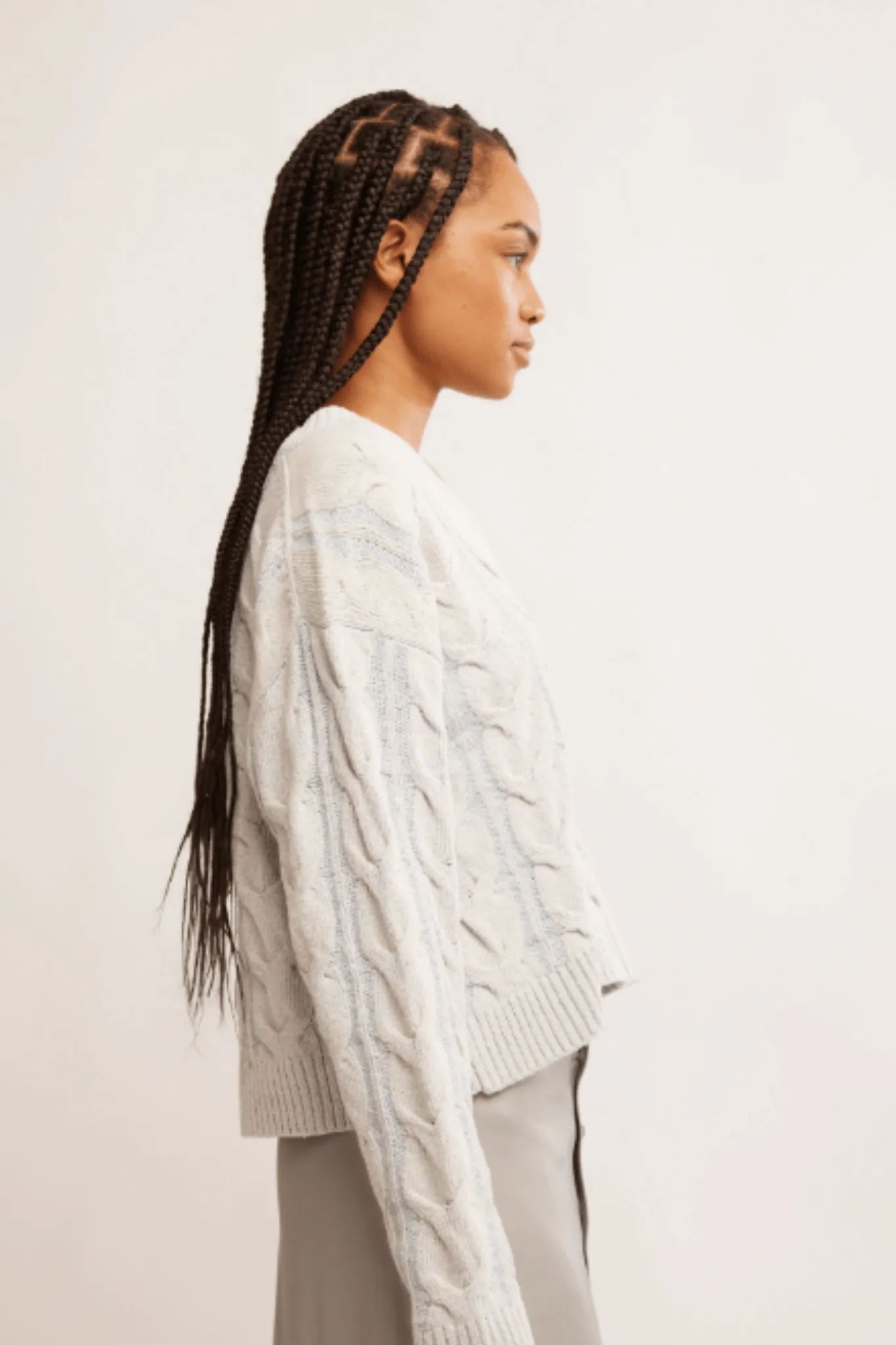 Free People: Washed Cable V Neck Sweater in Pale Blue