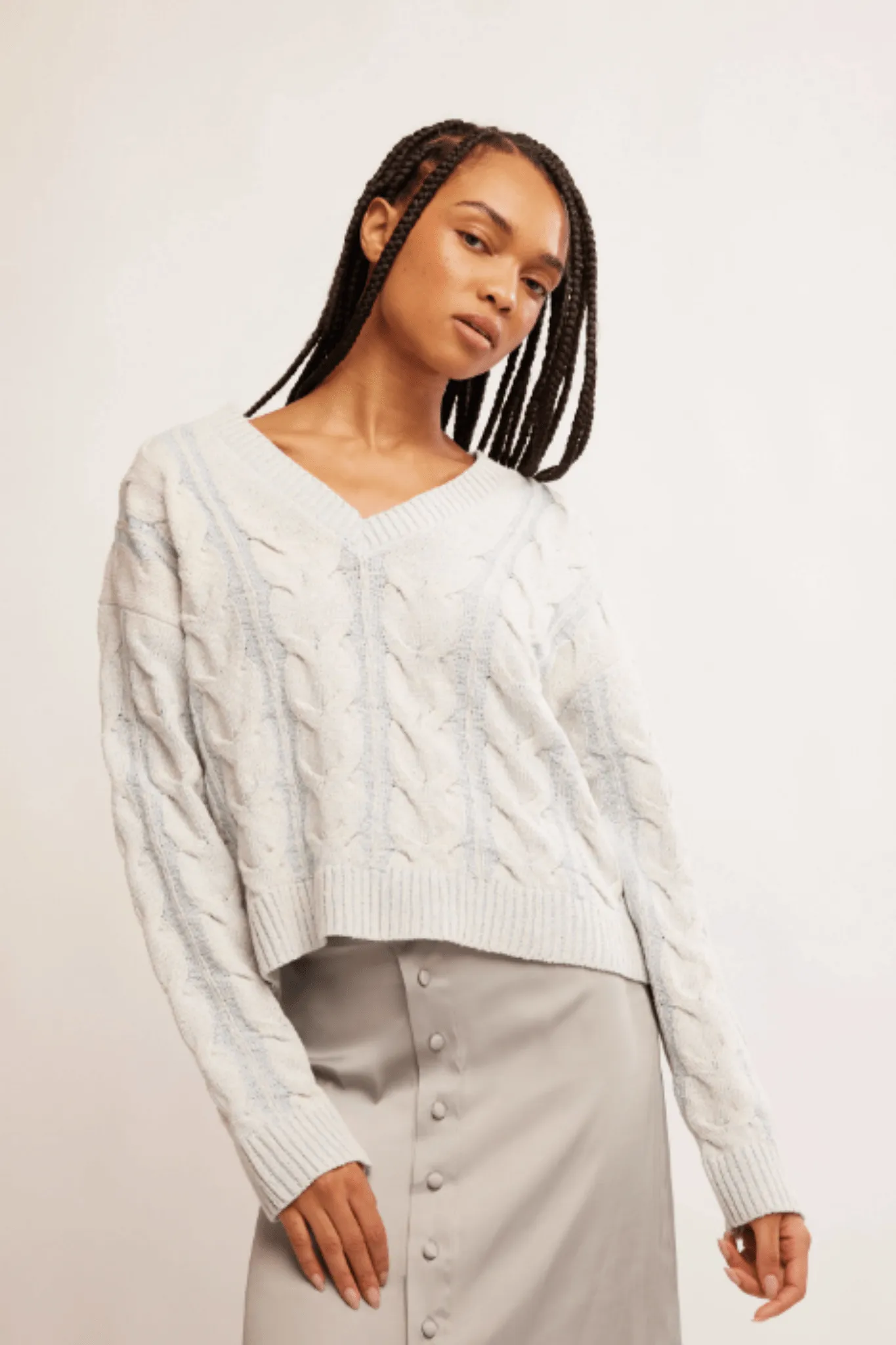 Free People: Washed Cable V Neck Sweater in Pale Blue