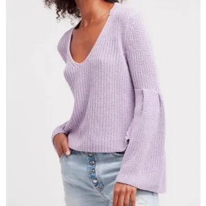 Free People, Women's Fall, Winter, V-Neck, Lavender (Purple) Bell Sleeve Sweater