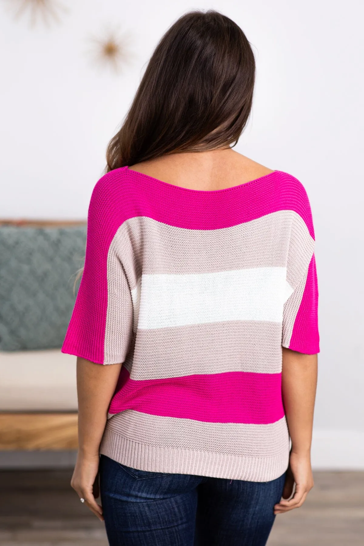 Fuchsia Open Knit Short Sleeve Sweater