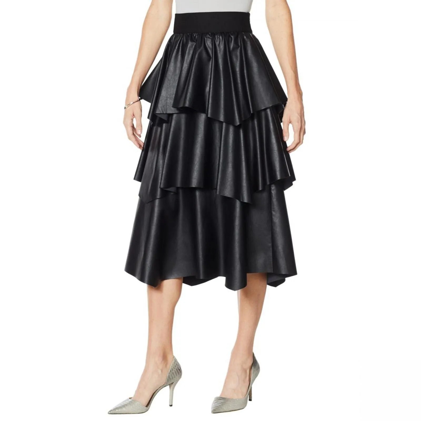 G BY GIULIANA Womens Plus Size Black Label Faux Leather Ruffle Skirt